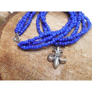 Blue and Silver Fleur de Lis Necklace